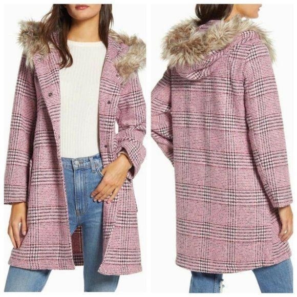 BB DAKOTA-Houndstooth Plaid Faux Fur Trim Jacket